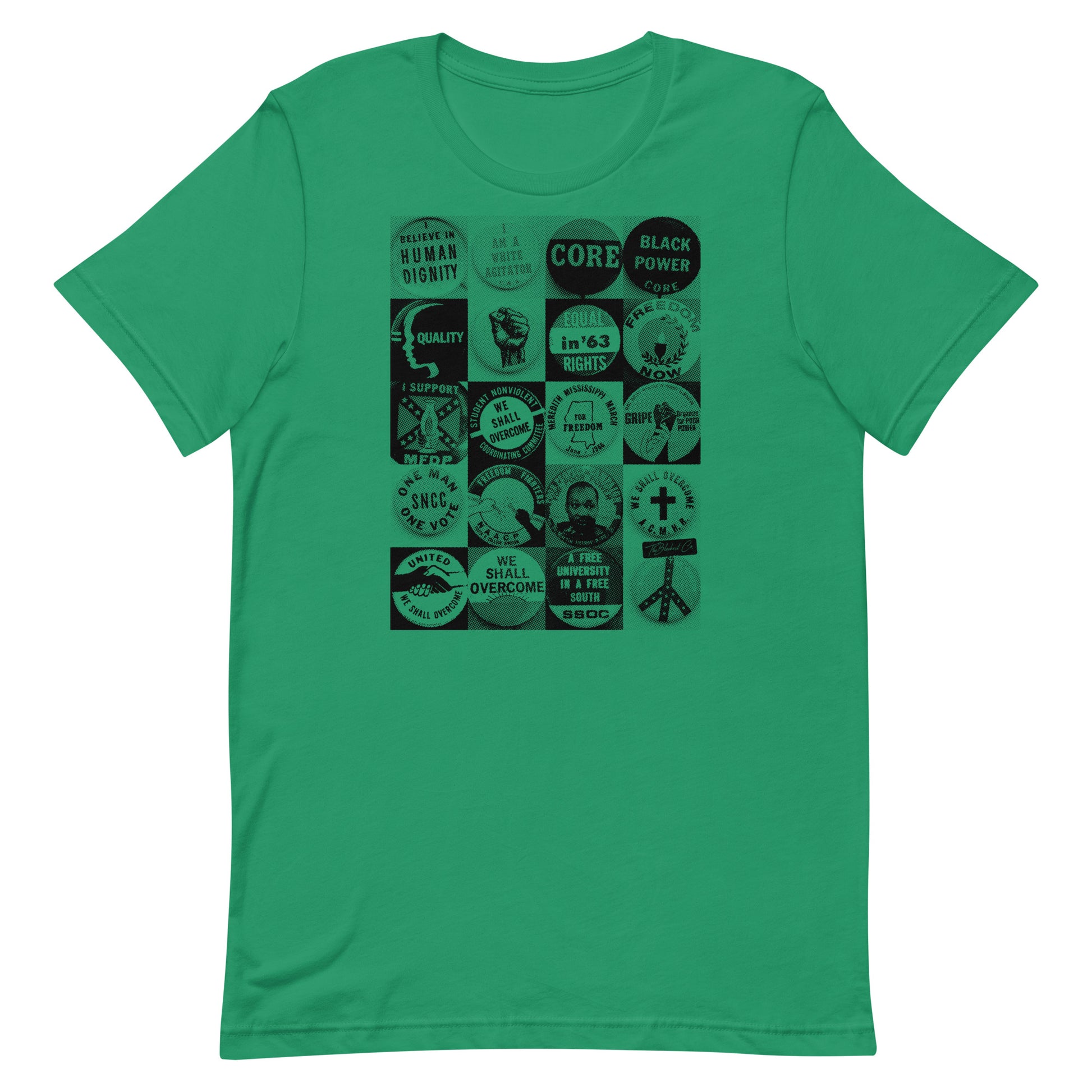 Flat lay of green Civil Rights Button T-Shirt. Features bold black civil rights button designs on soft cotton fabric.