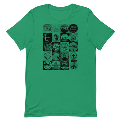 Flat lay of green Civil Rights Button T-Shirt. Features bold black civil rights button designs on soft cotton fabric.