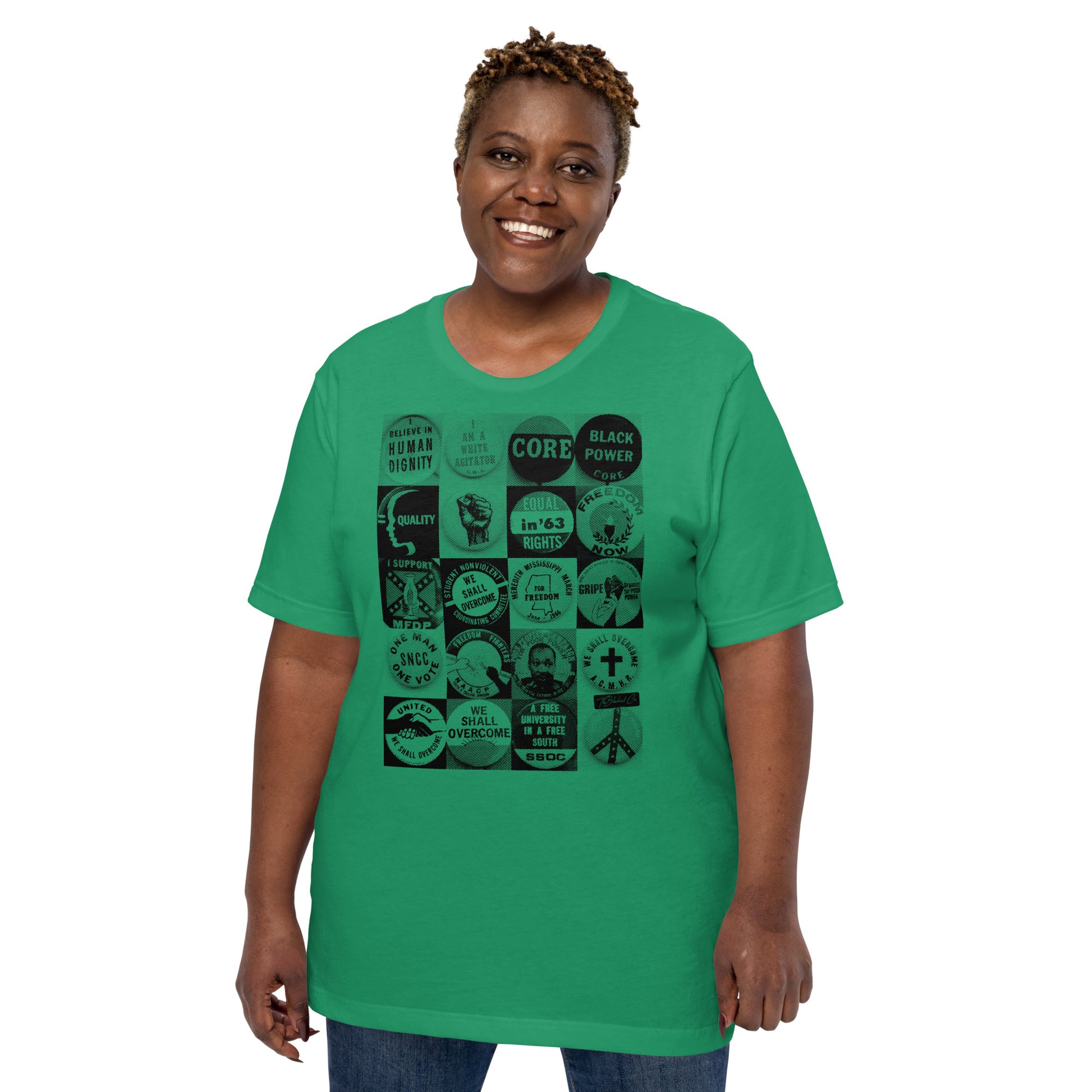 Plus-size woman in green Civil Rights Button T-Shirt. Comfortable unisex tee with iconic Black history protest button graphics.