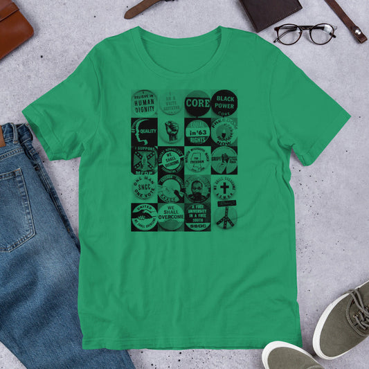 Green Civil Rights Button T-Shirt featuring vintage protest button graphics. Unisex cotton tee celebrating Black history and social justice.