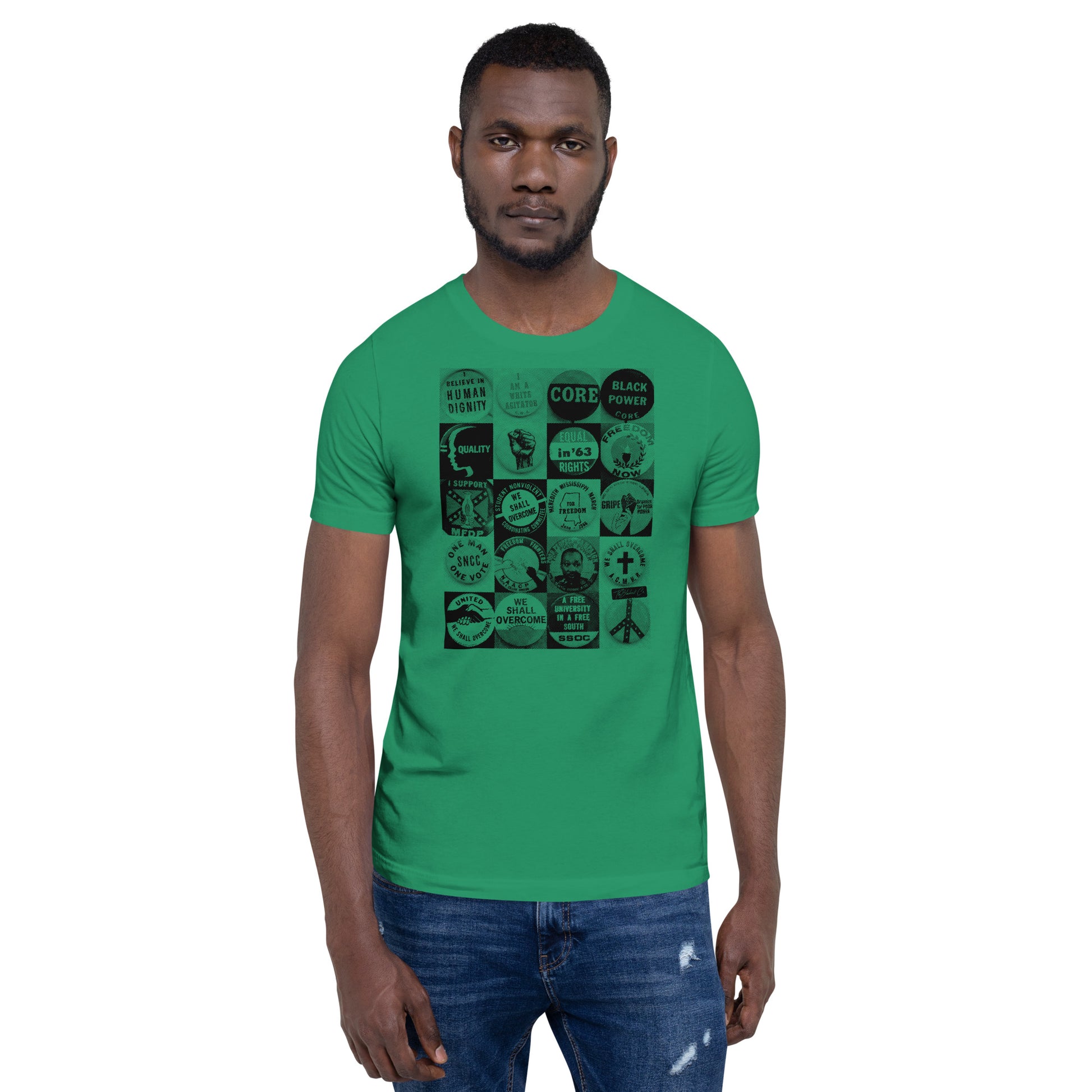 Man modeling green Civil Rights Button T-Shirt. Unisex cotton shirt with powerful civil rights movement button illustrations.