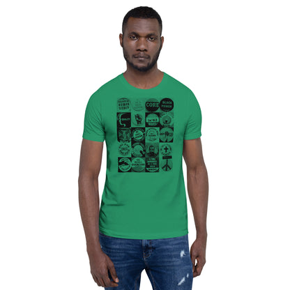 Man modeling green Civil Rights Button T-Shirt. Unisex cotton shirt with powerful civil rights movement button illustrations.