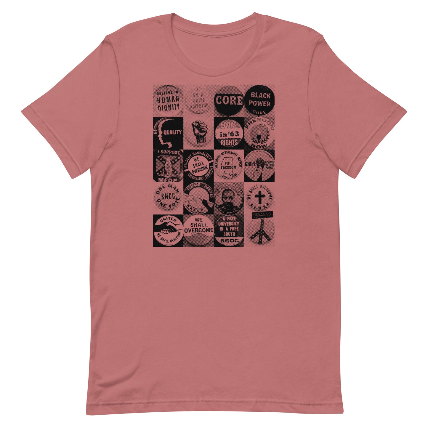 Civil Rights Button T-Shirt in mauve. Graphic tee with civil rights slogans and button art, celebrating social justice.