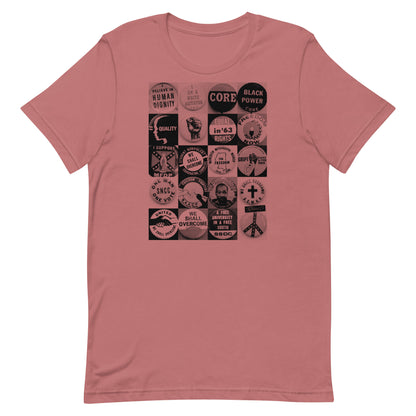 Civil Rights Button T-Shirt in mauve. Graphic tee with civil rights slogans and button art, celebrating social justice.