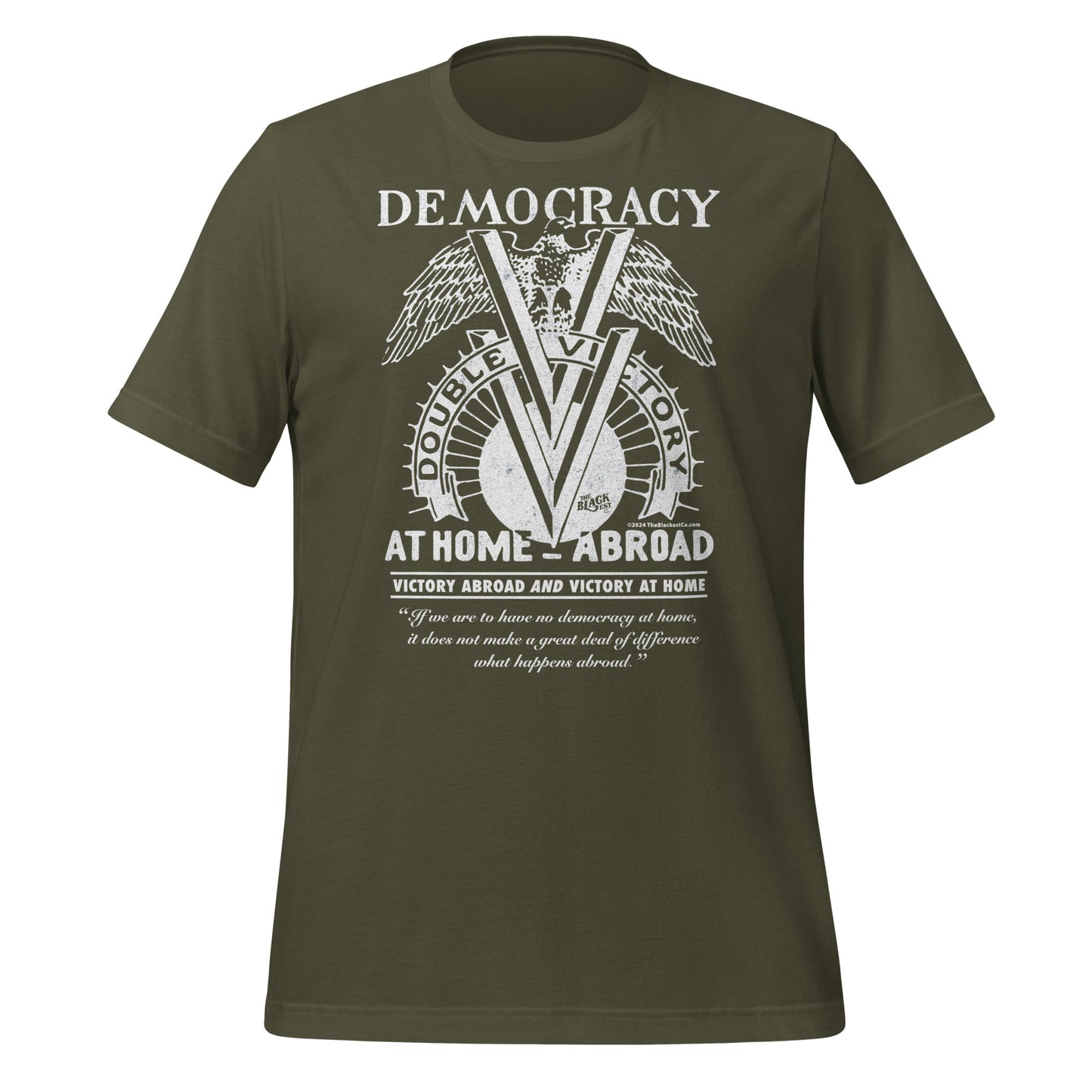 Olive green Double V Campaign WWII Black Soldiers Fashion T-Shirt, soft cotton tee with powerful WWII and civil rights message.