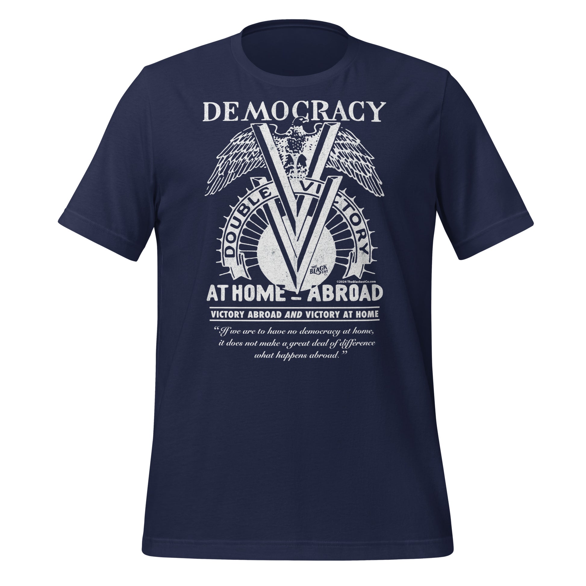 Navy blue Double V Campaign WWII Black Soldiers Fashion T-Shirt with vintage-style print celebrating Black military contributions.
