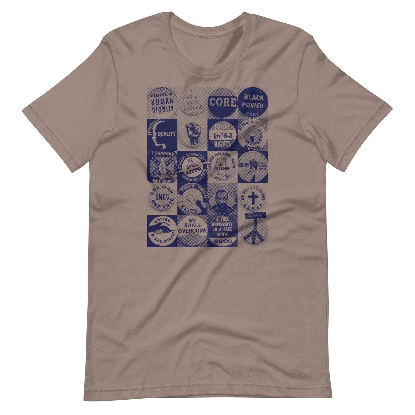 a t - shirt with a bunch of civil rights buttons graphics on it