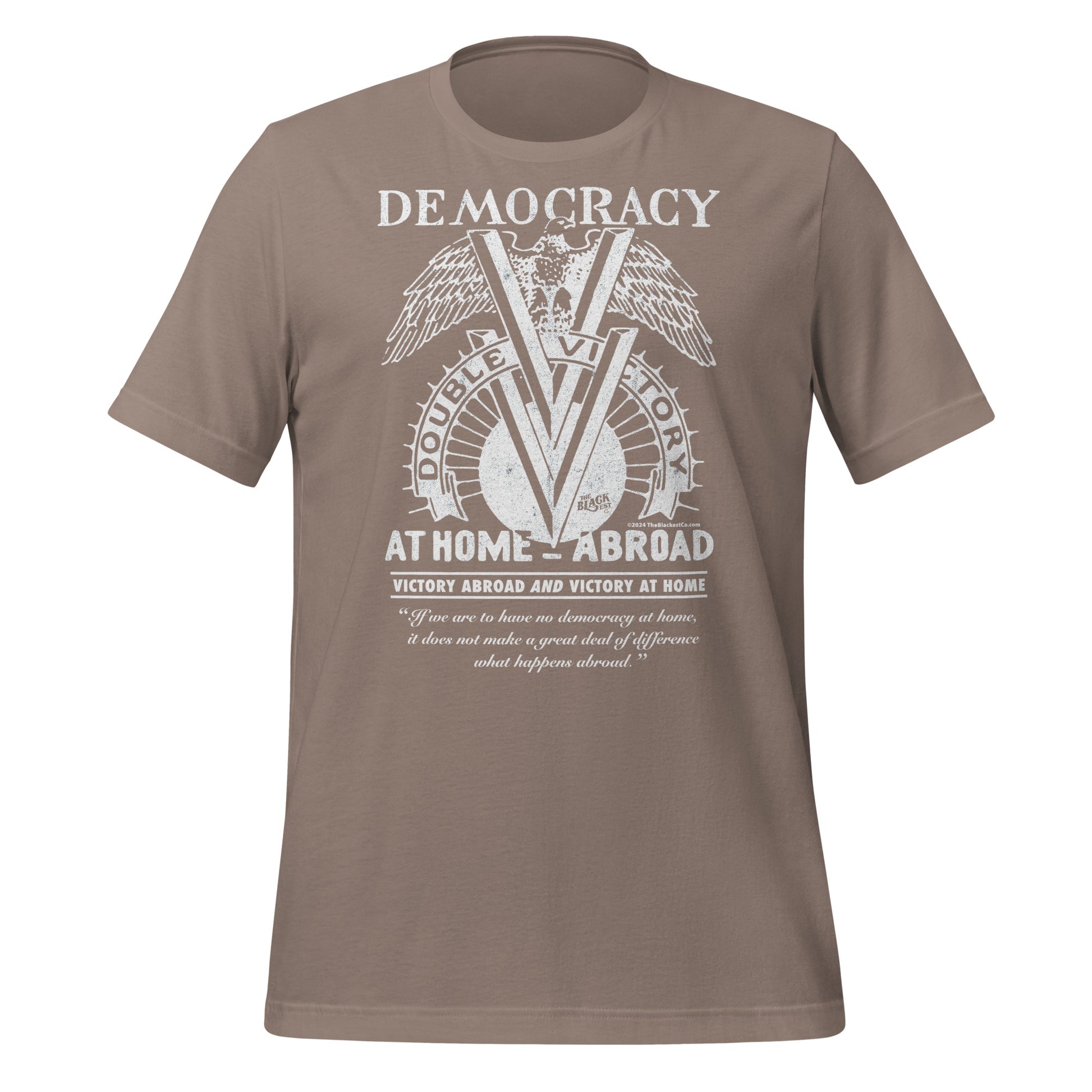 Taupe Double V Campaign WWII Black Soldiers Fashion T-Shirt with bold white graphic, celebrating Black history and military pride.