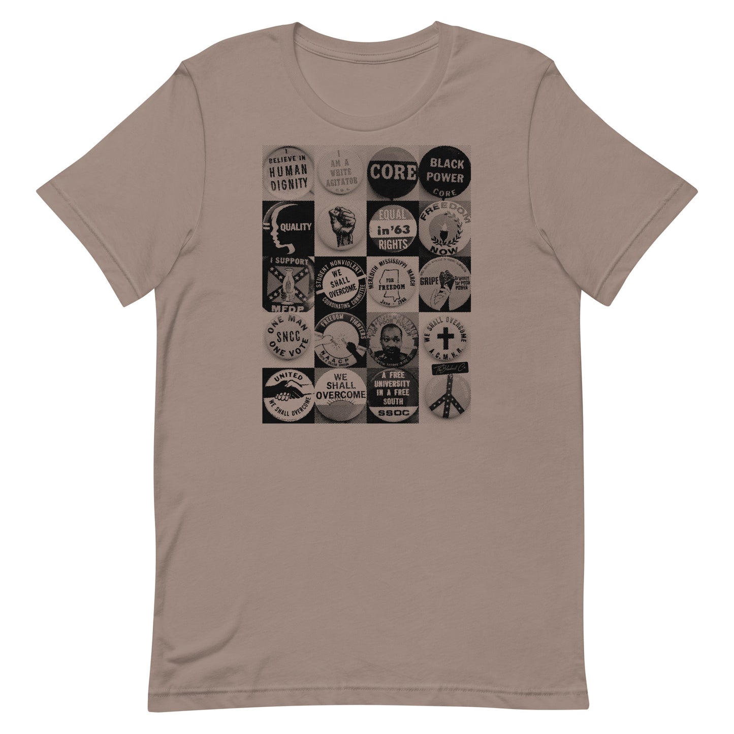 Civil Rights Button T-Shirt in taupe. Unisex cotton tee with vintage protest button artwork honoring Black history.