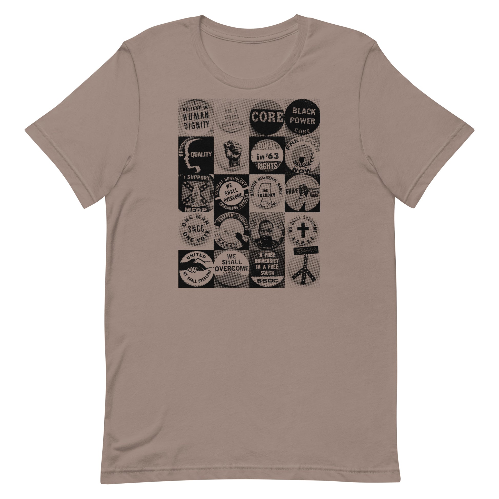 Civil Rights Button T-Shirt in taupe. Unisex cotton tee with vintage protest button artwork honoring Black history.