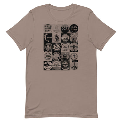 Civil Rights Button T-Shirt in taupe. Unisex cotton tee with vintage protest button artwork honoring Black history.