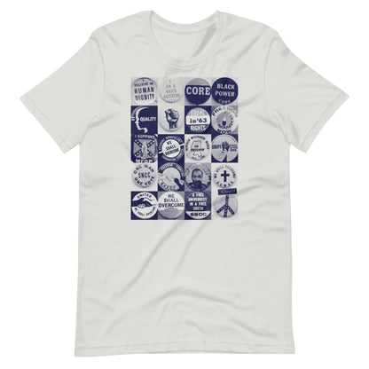 a white t - shirt with a bunch of civil rights buttons graphics on it