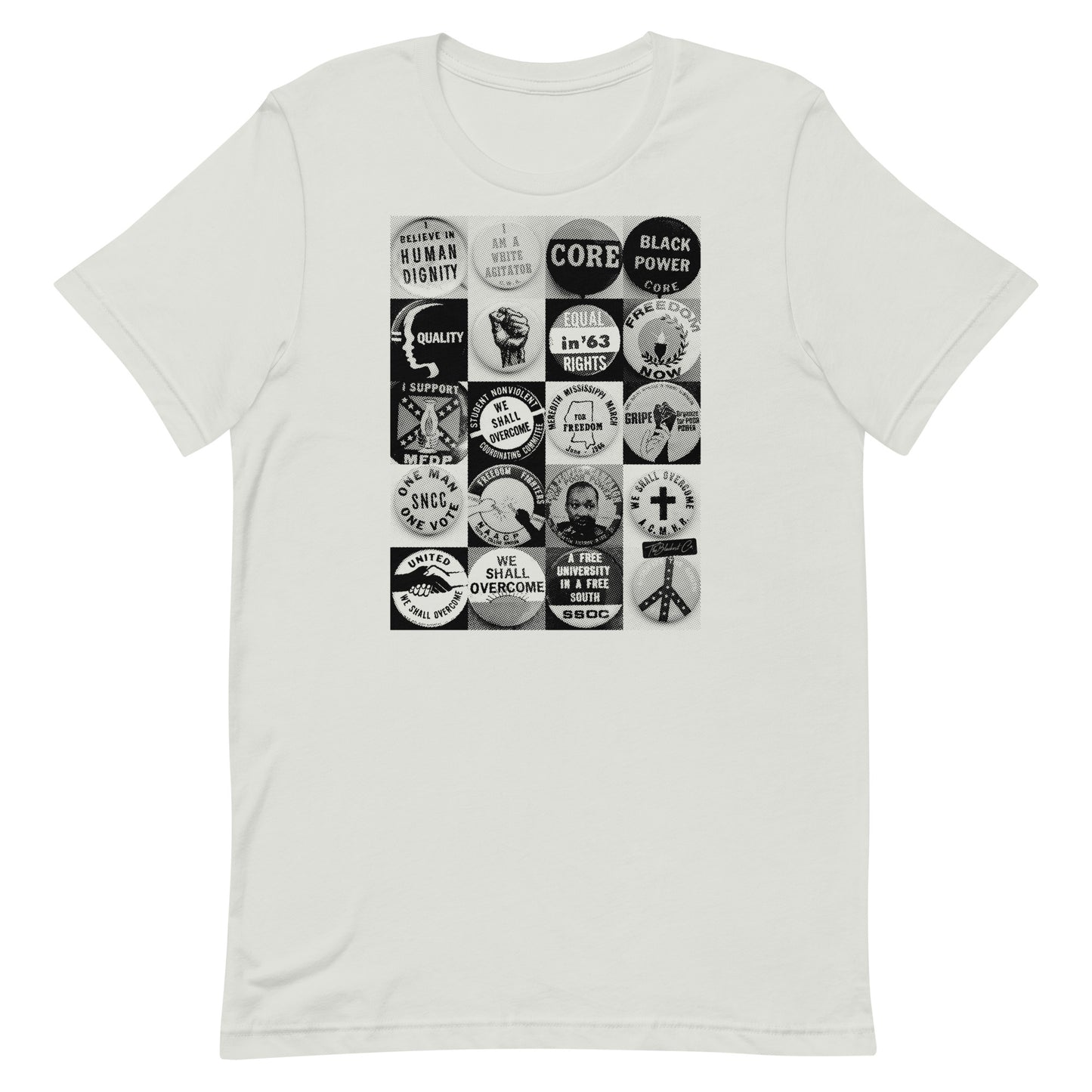 Civil Rights Button T-Shirt in cream. Features historic protest button illustrations supporting Black history and equality.