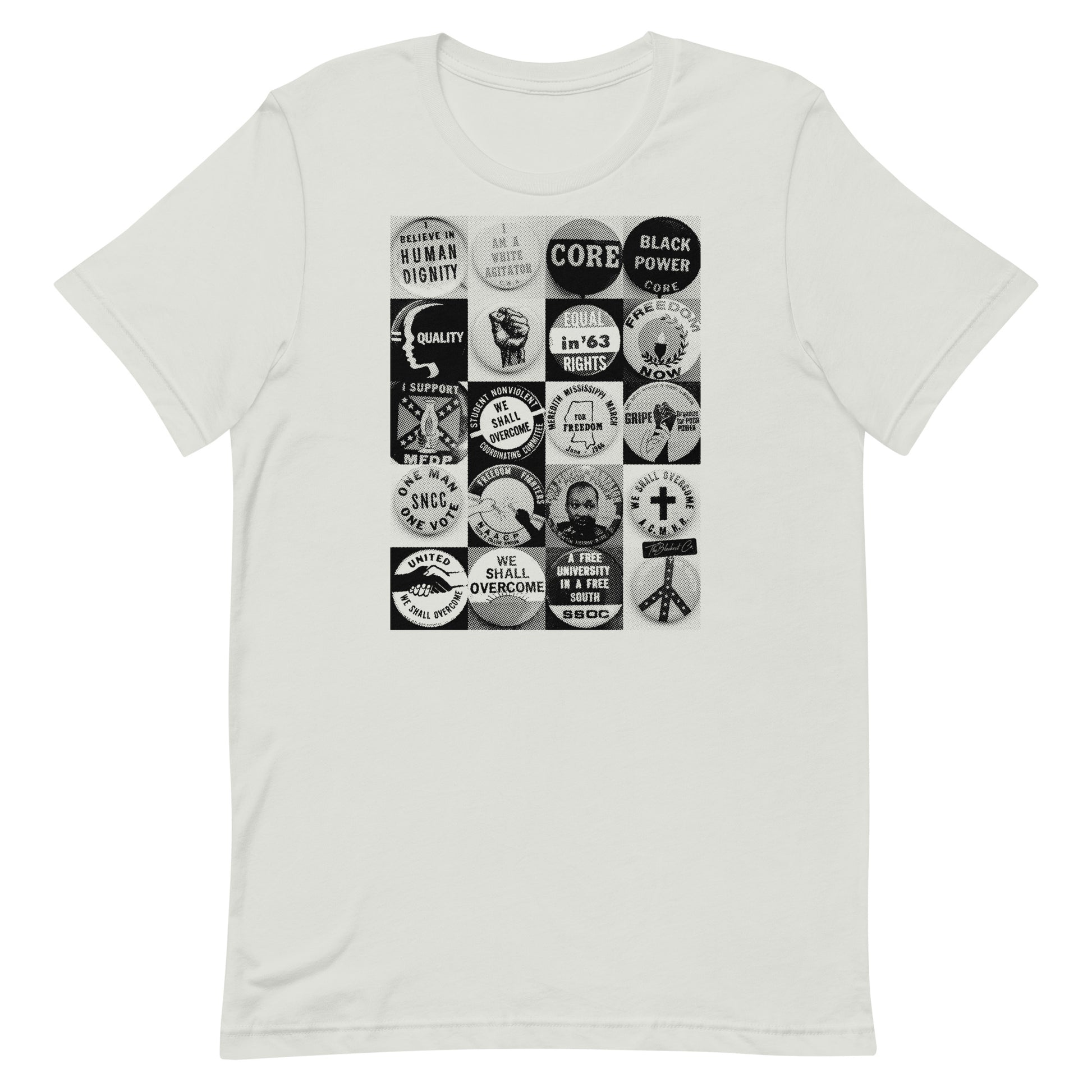 Civil Rights Button T-Shirt in cream. Features historic protest button illustrations supporting Black history and equality.
