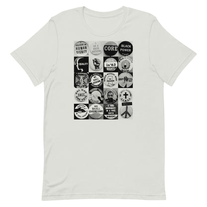 Civil Rights Button T-Shirt in cream. Features historic protest button illustrations supporting Black history and equality.
