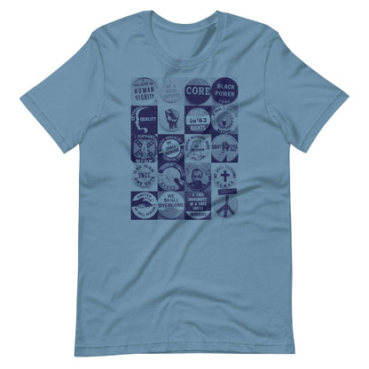 a blue t - shirt with a bunch of civil rights buttons graphics on it