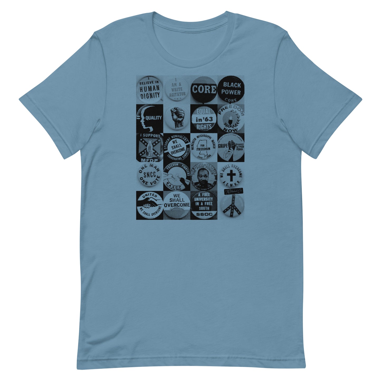Civil Rights Button T-Shirt in light blue. Unisex cotton shirt with empowering civil rights movement button graphics.