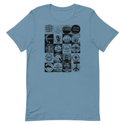 Civil Rights Button T-Shirt in light blue. Unisex cotton shirt with empowering civil rights movement button graphics.