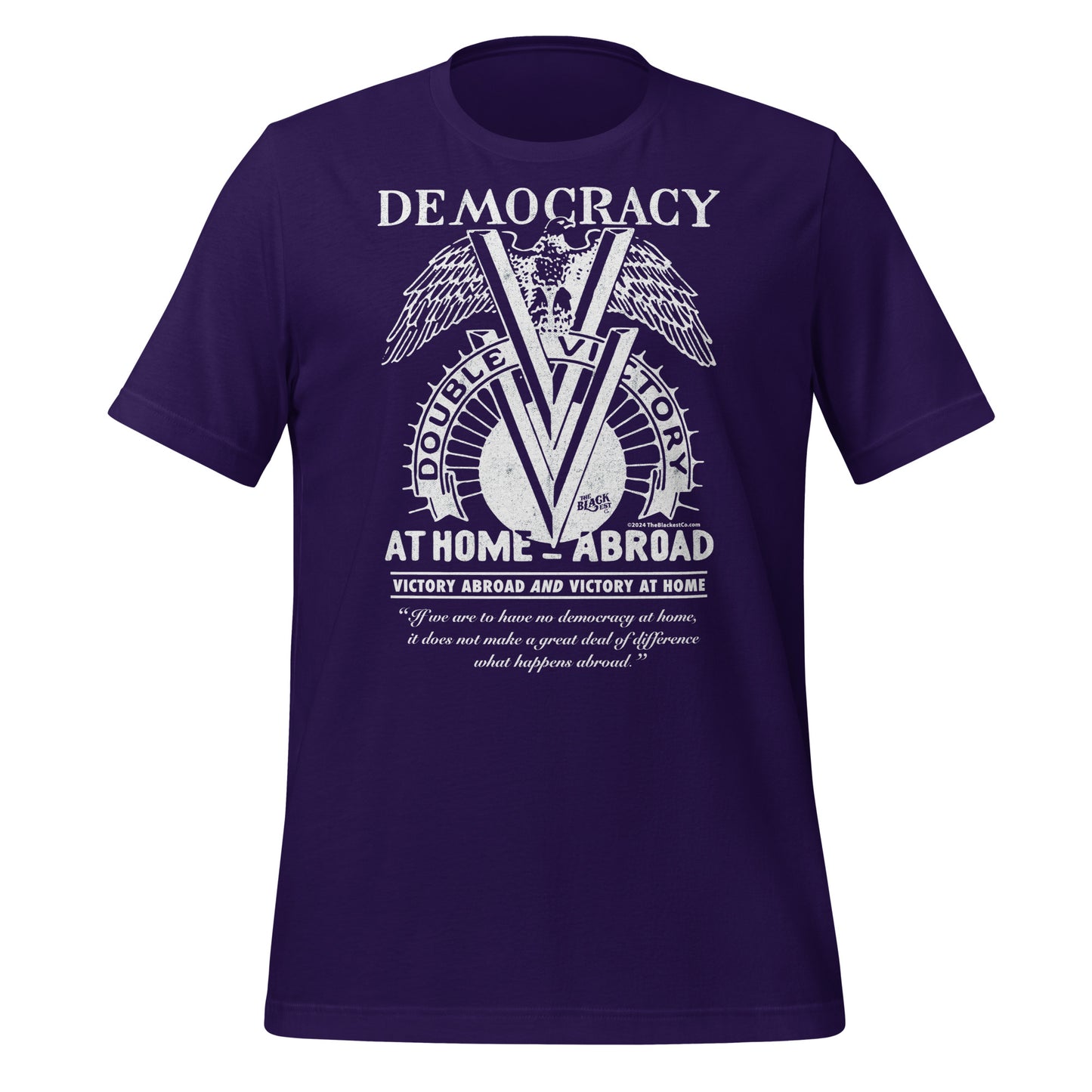 Purple Double V Campaign WWII Black Soldiers Fashion T-Shirt featuring bold white Double Victory graphic and civil rights message.