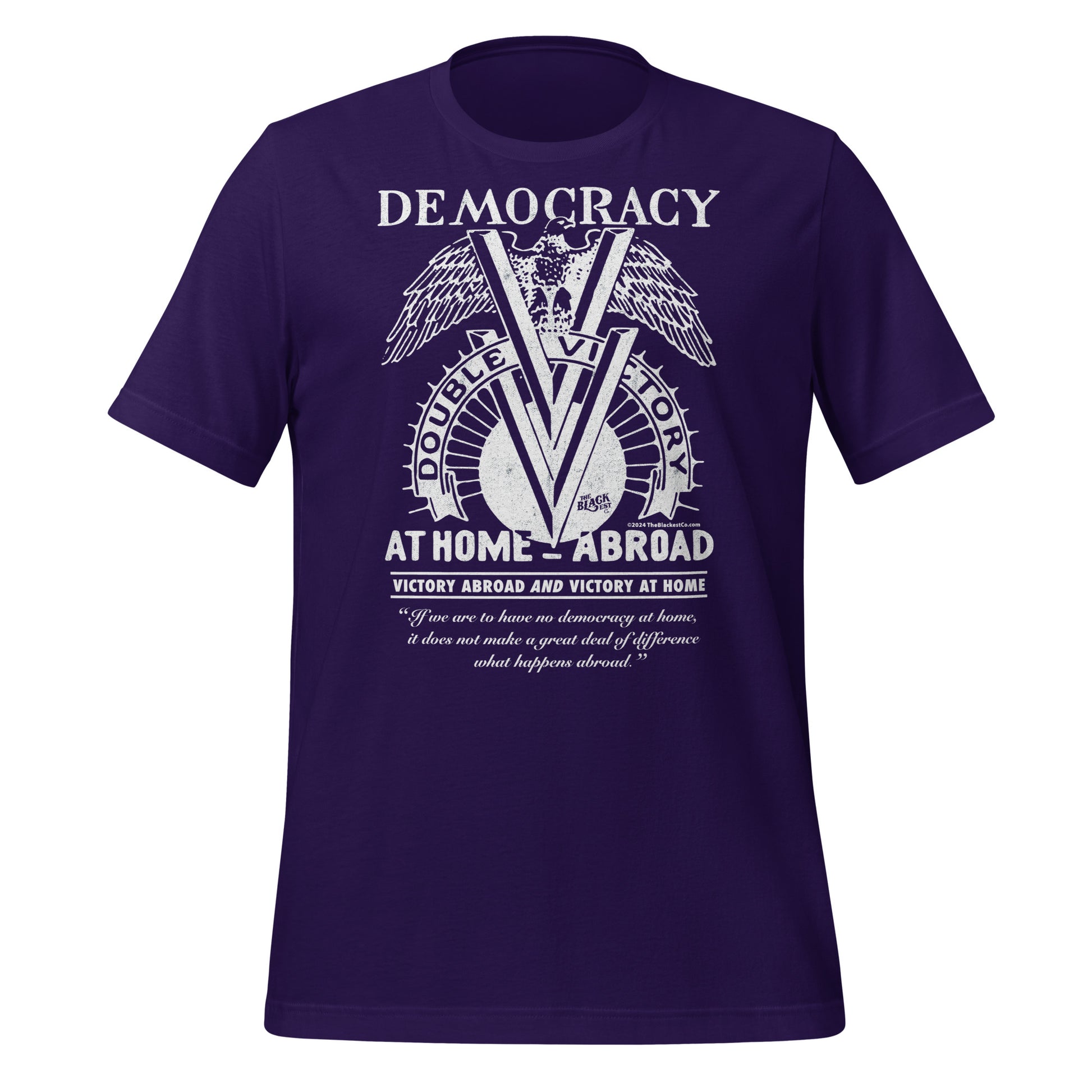 Purple Double V Campaign WWII Black Soldiers Fashion T-Shirt featuring bold white Double Victory graphic and civil rights message.