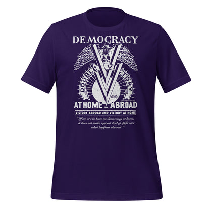 Purple Double V Campaign WWII Black Soldiers Fashion T-Shirt featuring bold white Double Victory graphic and civil rights message.