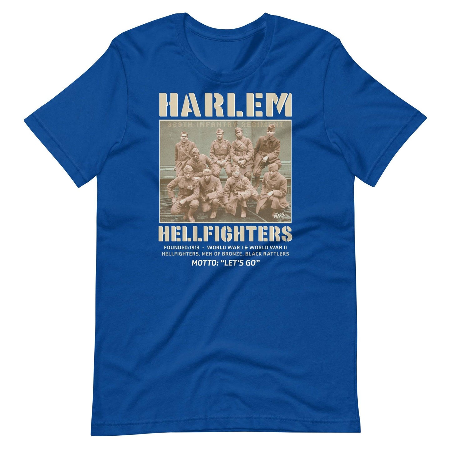 royal blue t shirt with an image of the harlem hellfighters graphic design