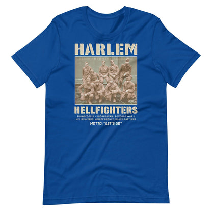 royal blue t shirt with an image of the harlem hellfighters graphic design