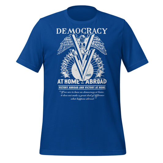 Double V Campaign WWII Black Soldiers Fashion T-Shirt in royal blue with bold white graphic honoring Black veterans and civil rights history.