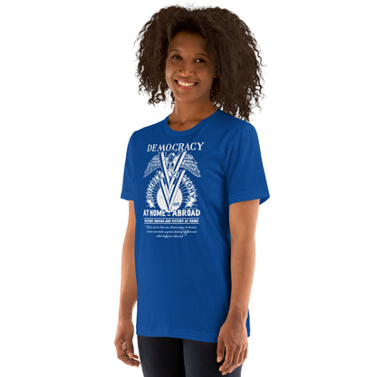 Woman smiling in royal blue Double V Campaign WWII Black Soldiers Fashion T-Shirt, celebrating Black military history and civil rights.