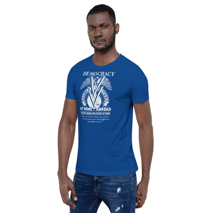 Man wearing royal blue Double V Campaign WWII Black Soldiers Fashion T-Shirt, showcasing vintage-style design and soft cotton fit.