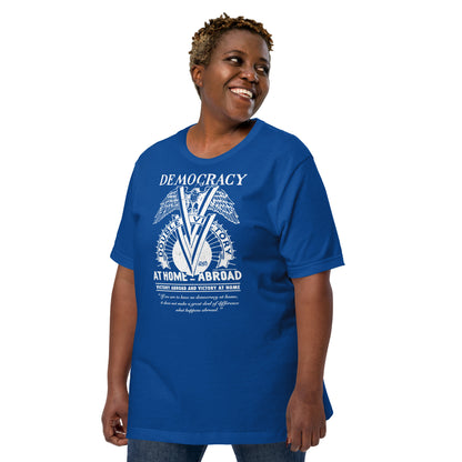 Plus-size woman wearing royal blue Double V Campaign WWII Black Soldiers Fashion T-Shirt, combining comfort with historical pride.