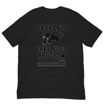 Flat lay of Black On Black BPP Free Food Program Fashion Unisex T-shirt in black, featuring panther logo and Oakland 1969 statement print.
