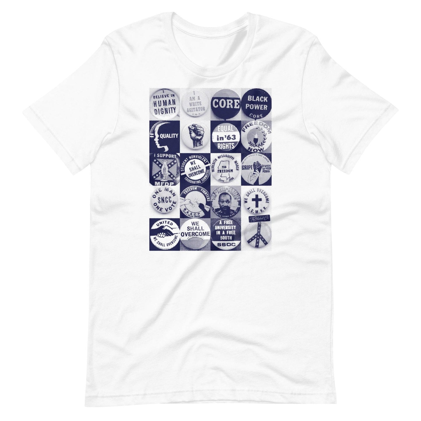 a white t - shirt with a bunch of civil rights buttons graphics on it