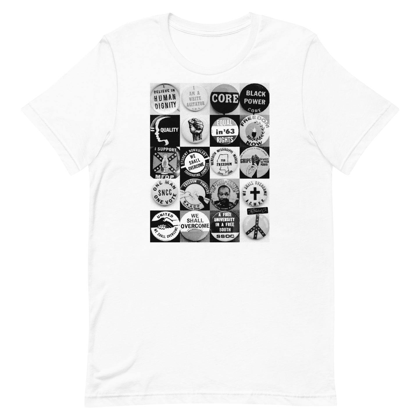 White Civil Rights Button T-Shirt with bold black protest button graphics. Unisex tee honoring civil rights activism.