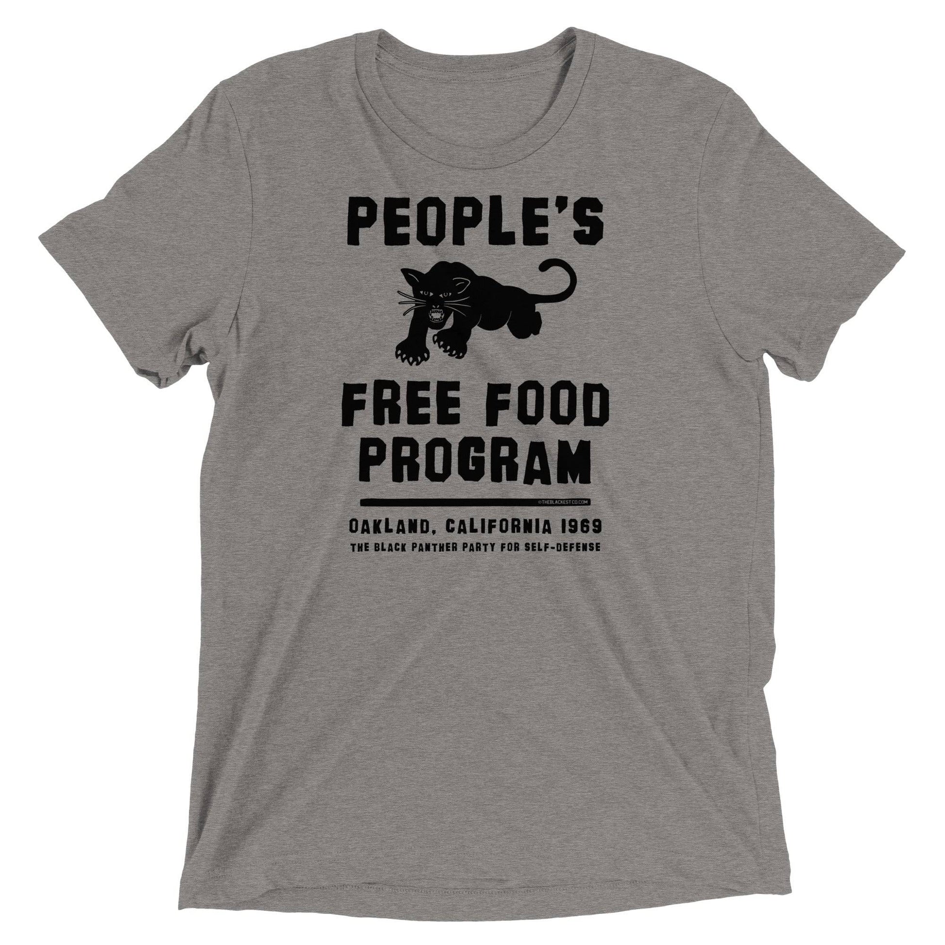 Gray BPP People's Free Food Program Unisex Tri-Blend T-Shirt with bold black panther graphic and vintage-style text honoring 1969 Oakland roots.