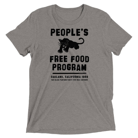 Gray BPP People's Free Food Program Unisex Tri-Blend T-Shirt with bold black panther graphic and vintage-style text honoring 1969 Oakland roots.