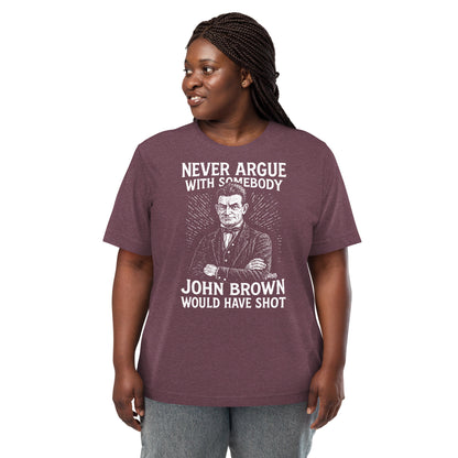 Model wearing Never Argue John Brown Unisex Tri-Blend T-Shirt in maroon, showcasing relaxed fit and impactful abolitionist message by TheBlackest Co.