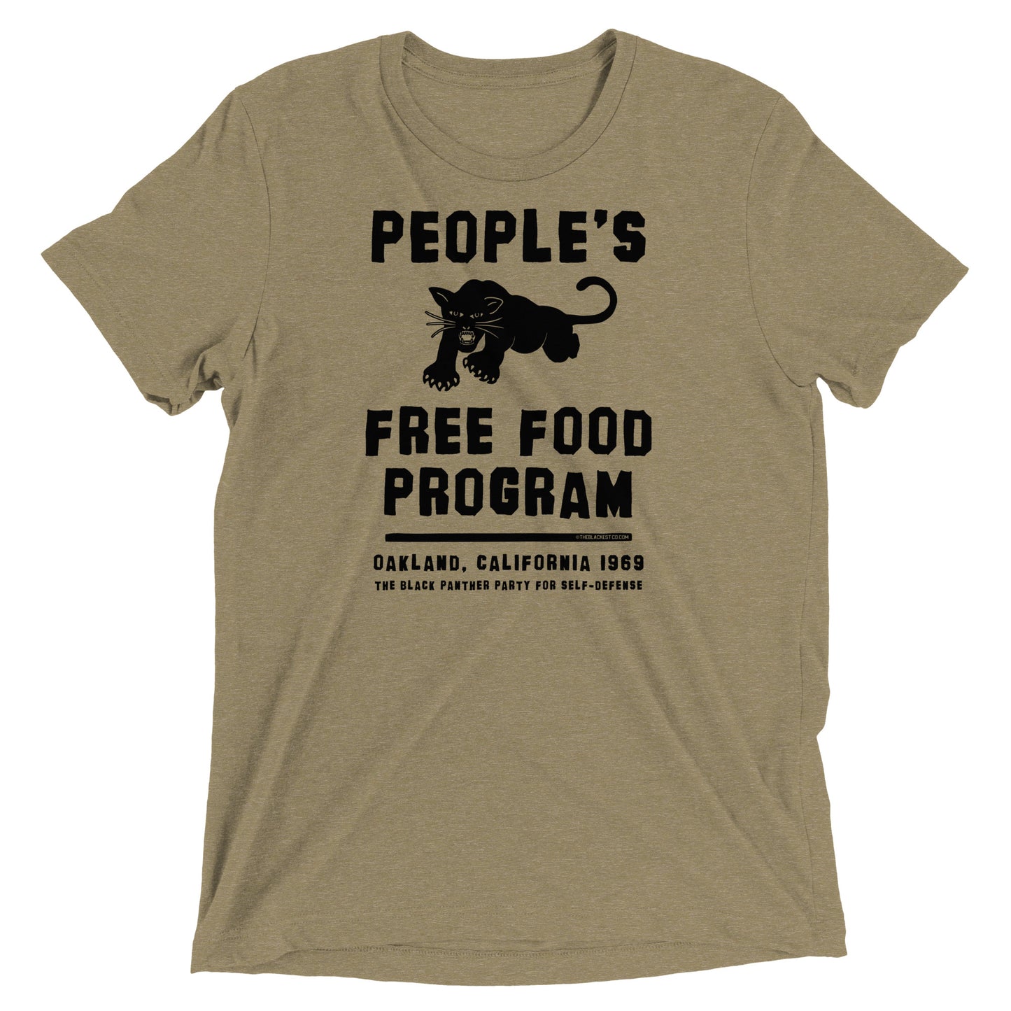Olive green BPP People's Free Food Program Unisex Tri-Blend T-Shirt showcasing bold black panther graphic and 1969 Oakland tribute text.