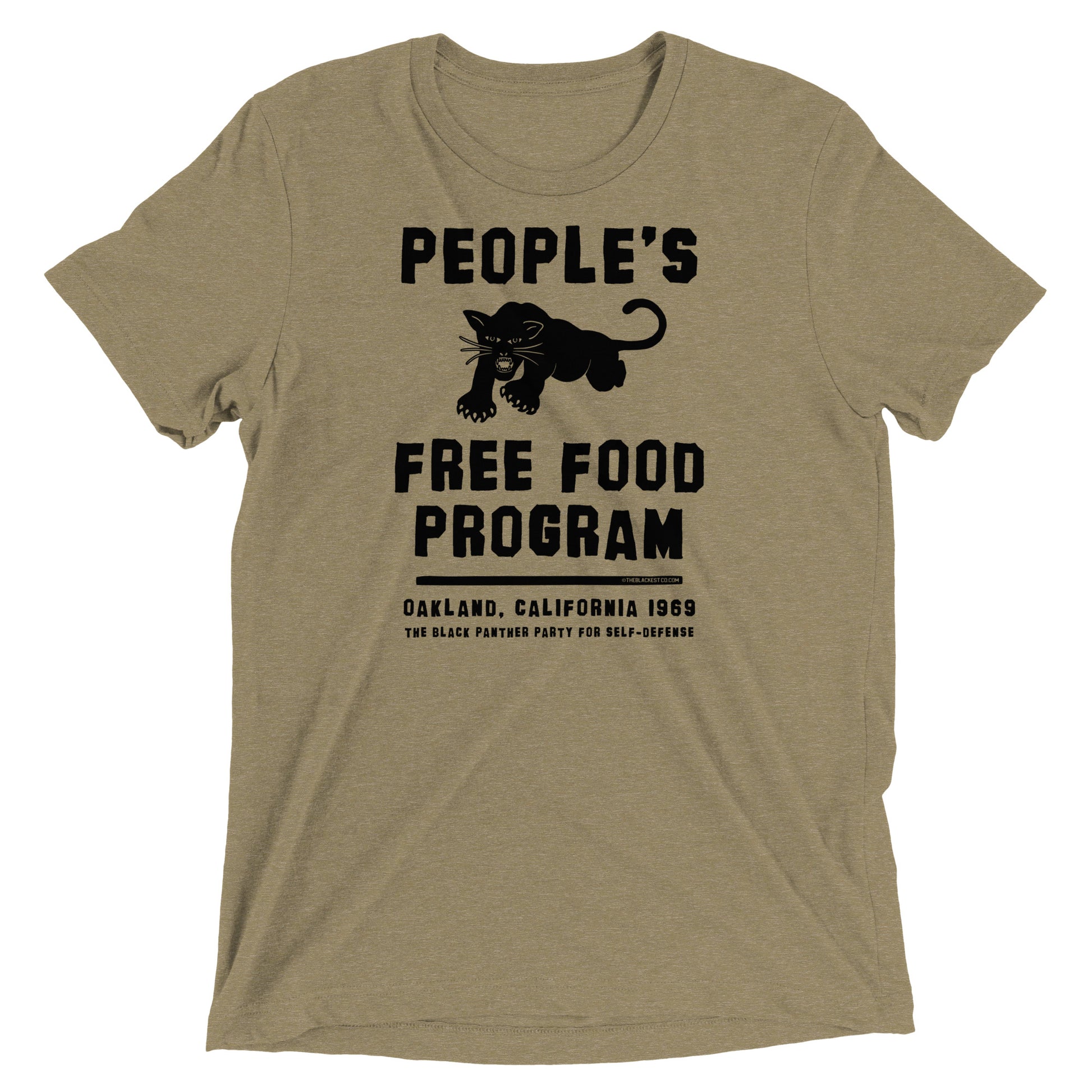 Olive green BPP People's Free Food Program Unisex Tri-Blend T-Shirt showcasing bold black panther graphic and 1969 Oakland tribute text.