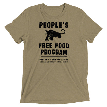 Olive green BPP People's Free Food Program Unisex Tri-Blend T-Shirt showcasing bold black panther graphic and 1969 Oakland tribute text.