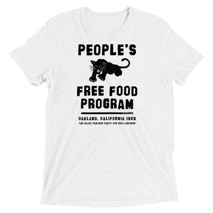 White BPP People's Free Food Program Unisex Tri-Blend T-Shirt with bold black panther logo and vintage Oakland 1969 tribute to Black culture.