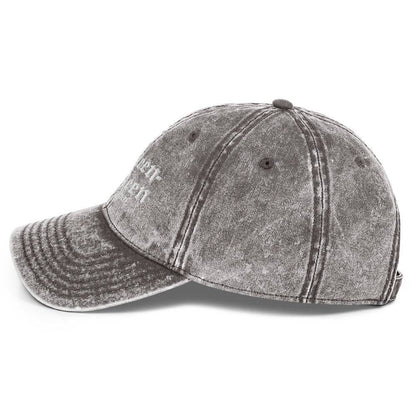 a gray hat with a white stripe on it