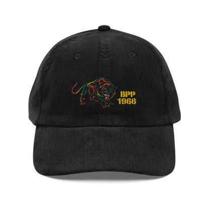 a black hat with a black panther embroidered on it