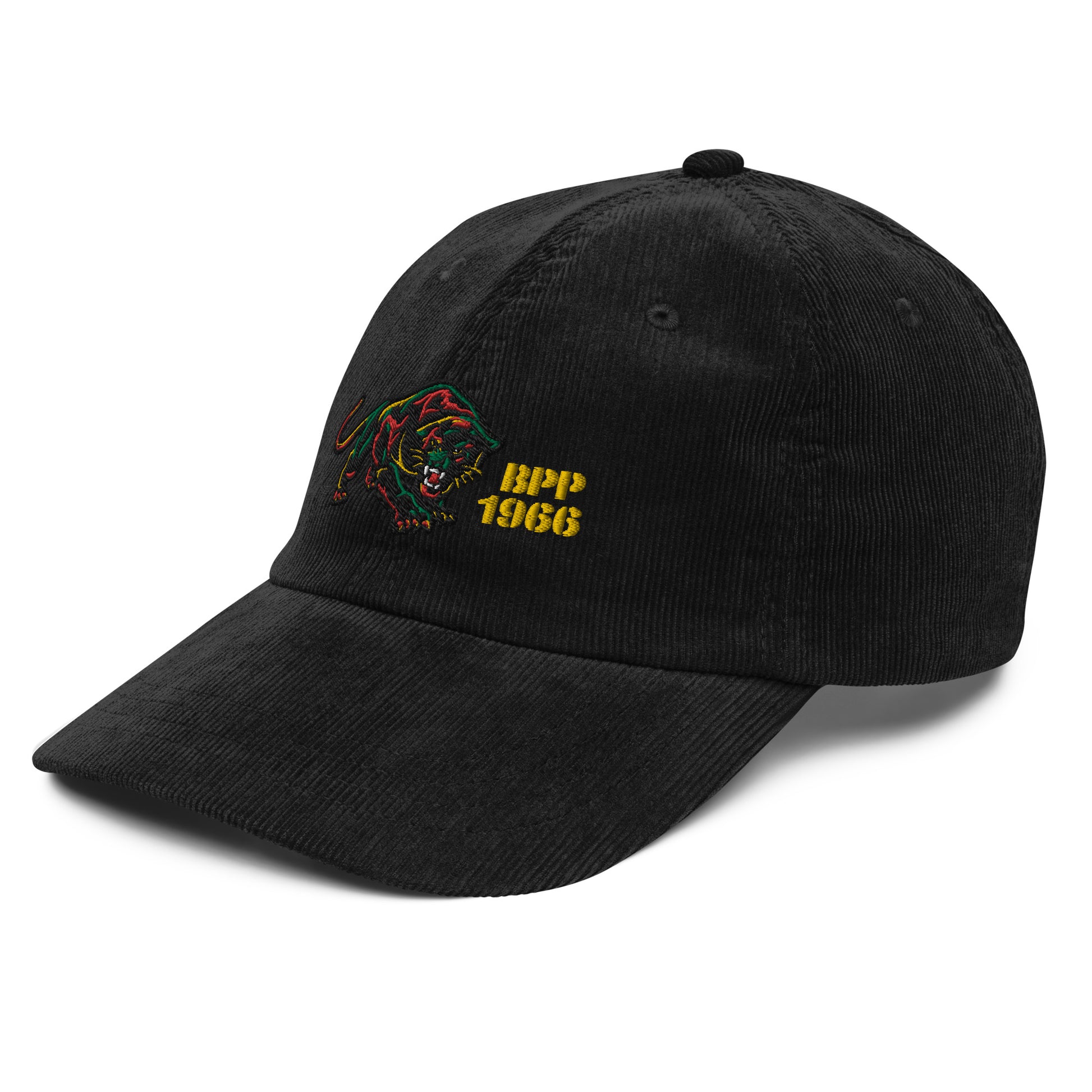 Side view of black BPP 1966 Black Panthers vintage corduroy cap featuring embroidered panther logo and yellow text. Durable and adjustable.
