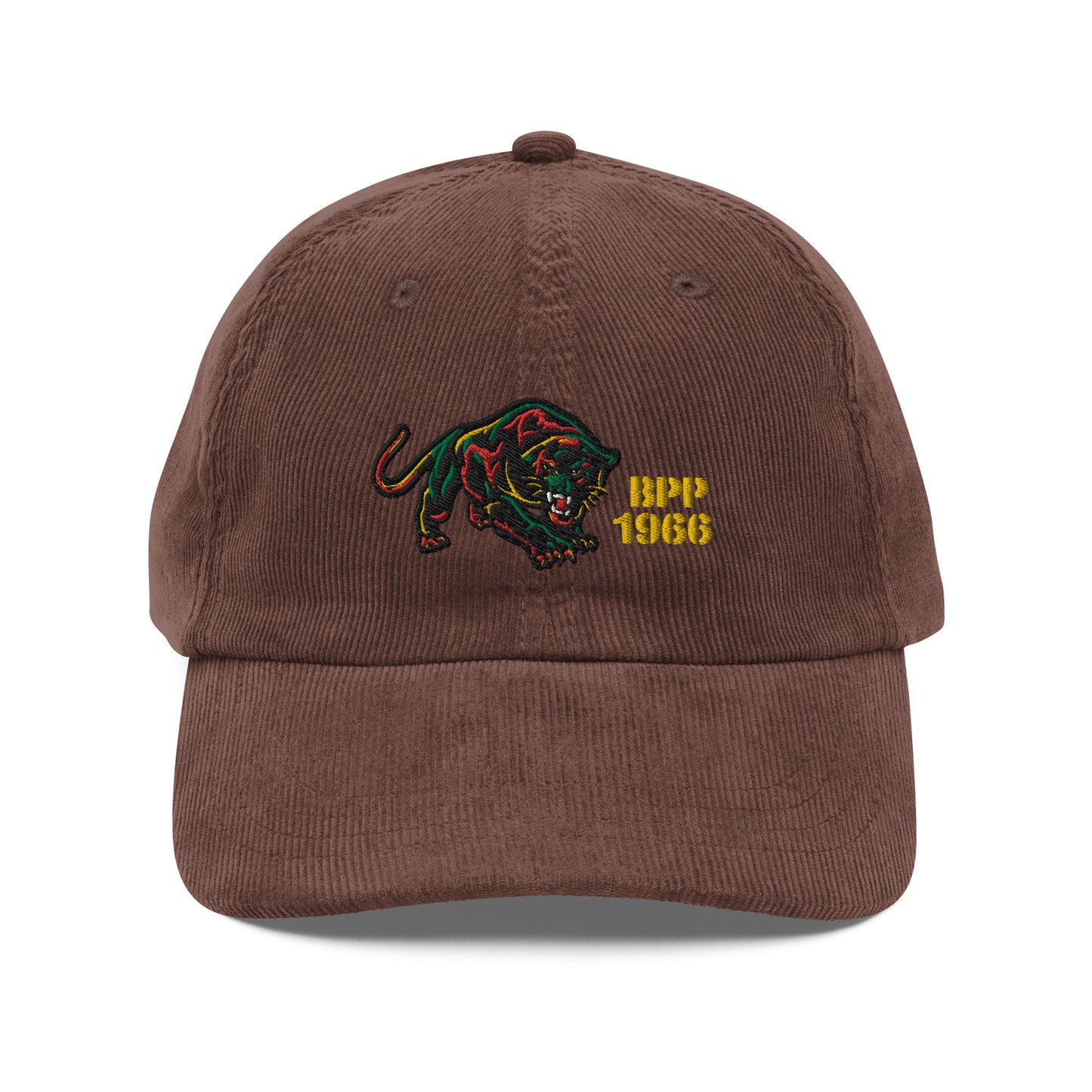 Brown BPP 1966 Black Panthers vintage corduroy cap with embroidered panther logo and yellow text. Adjustable strap for a classic fit.