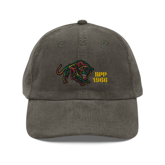 a gray hat with a black panther embroidered on it