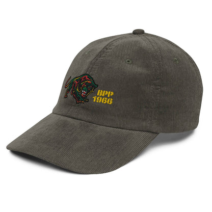 a gray hat with a black panther embroidered on it