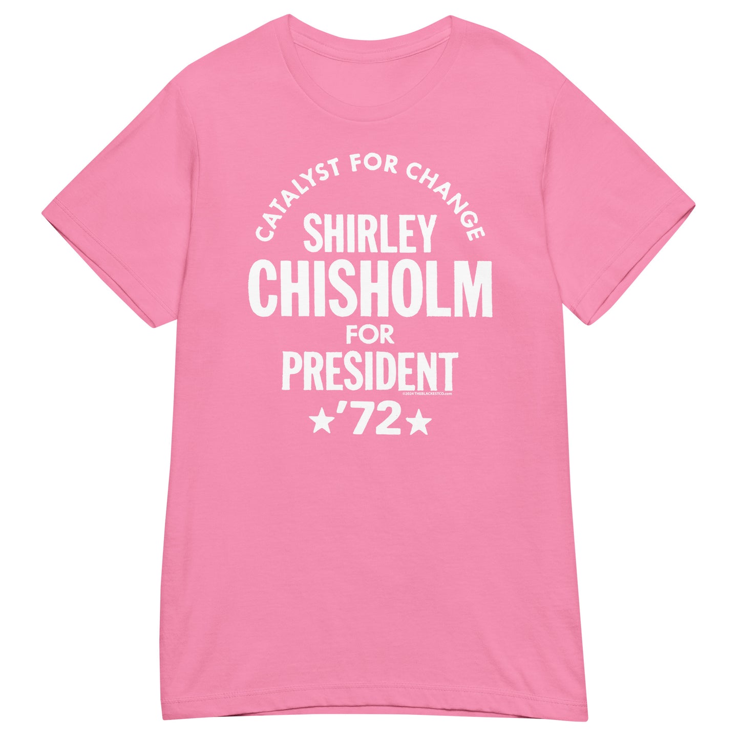 Light pink Shirley Chisholm For President 72 Women’s Softstyle T-shirt with white text. Feminist fashion piece with historical and cultural significance.