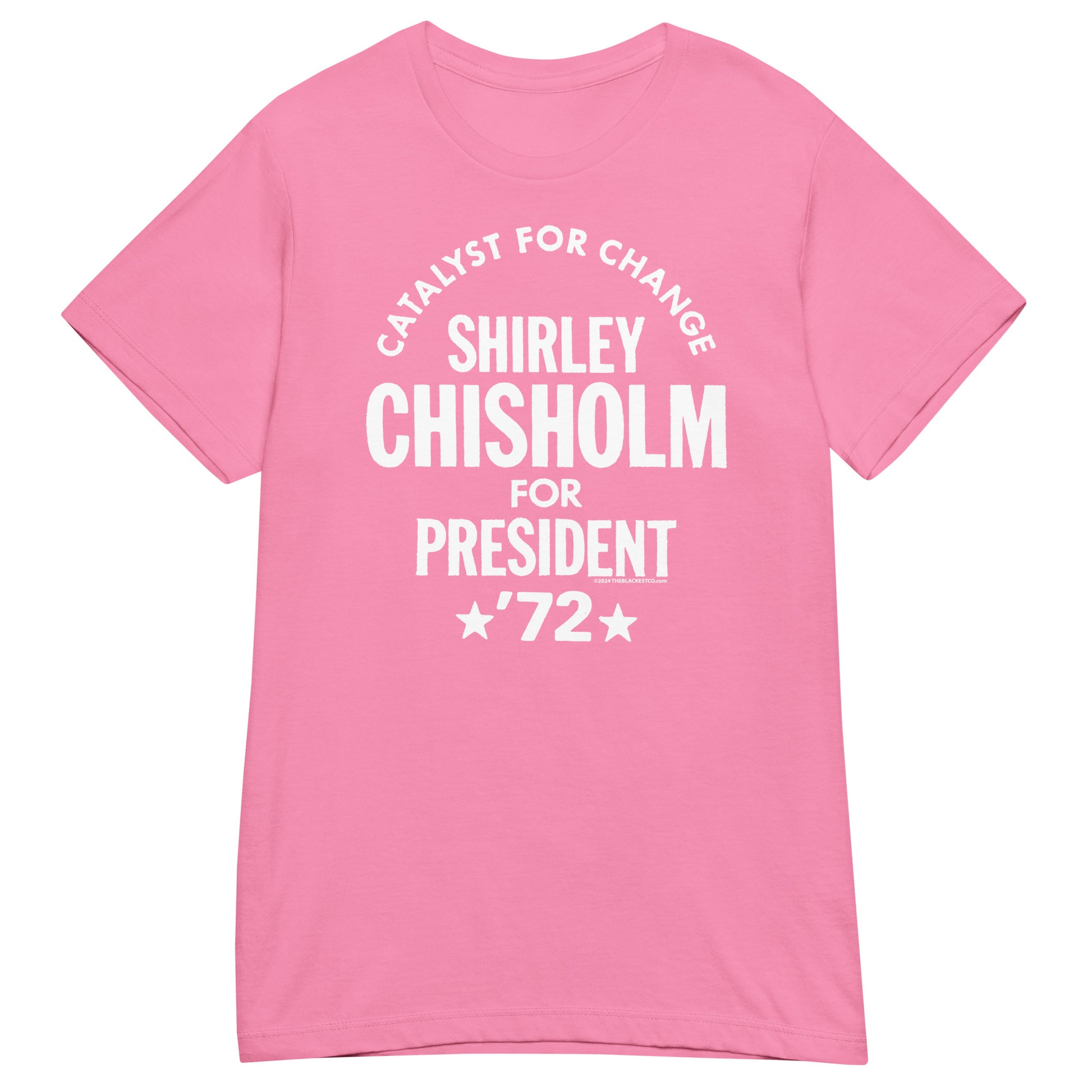 Light pink Shirley Chisholm For President 72 Women’s Softstyle T-shirt with white text. Feminist fashion piece with historical and cultural significance.