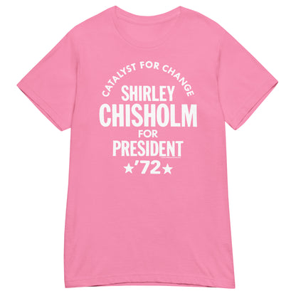Light pink Shirley Chisholm For President 72 Women’s Softstyle T-shirt with white text. Feminist fashion piece with historical and cultural significance.